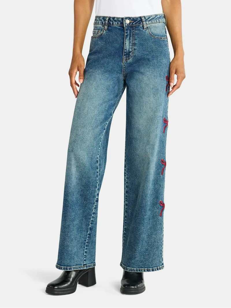 Madden NYC Women's Ultra 90s Fit Jeans with Bow Embroidery, 32" inseam, Sizes 00-18 | Walmart (US)