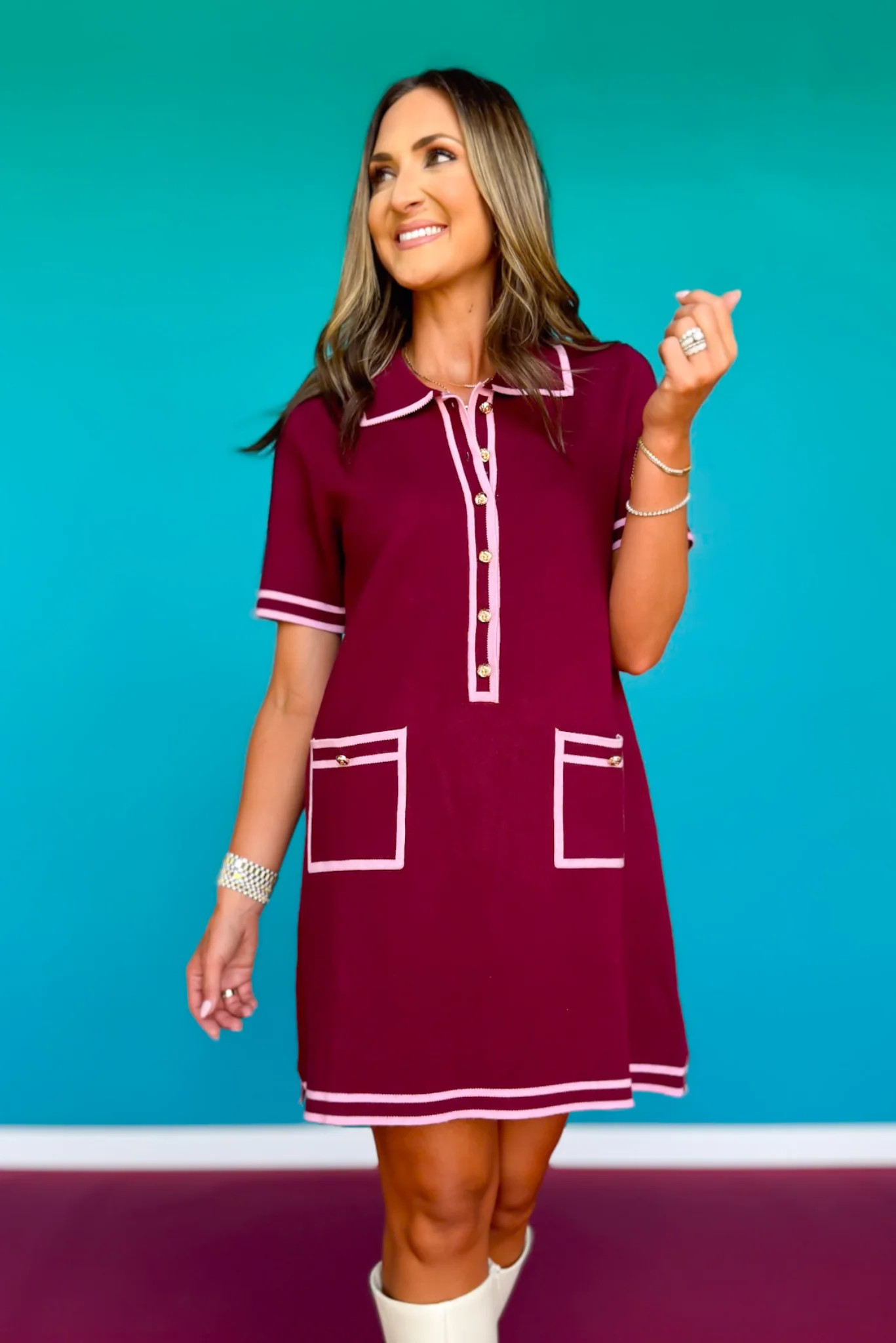 SSYS Ruthie Contrast Knit Dress In Maroon Pink | SSYS