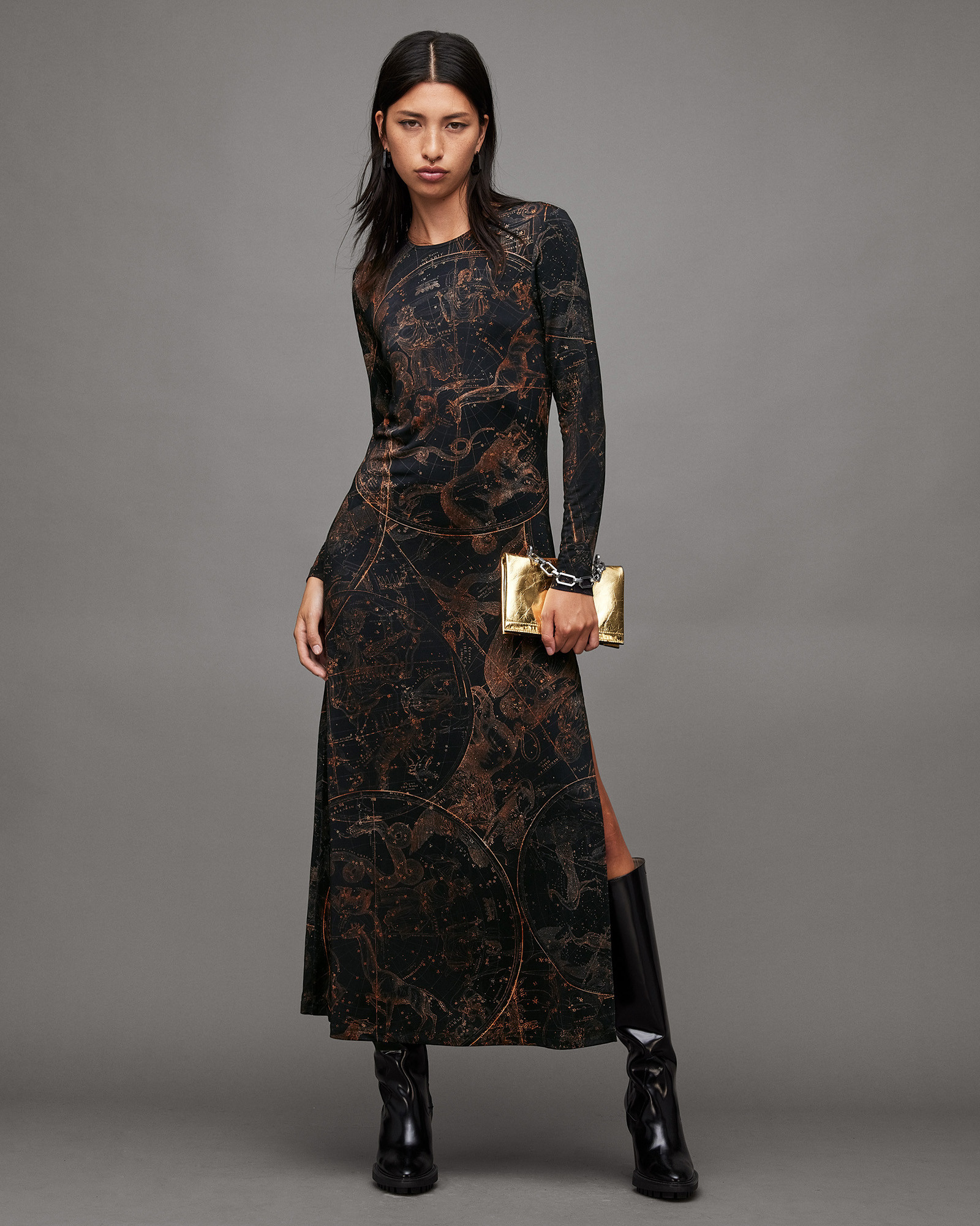 Katlyn Zig Print Stretch Maxi Dress Gold | ALLSAINTS US | AllSaints US