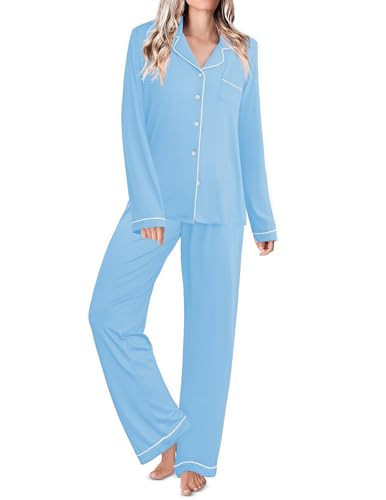 Ekouaer Pajamas Women's Long Sleeve Sleepwear Soft Button Down Loungewear Pjs Lounge Set Nightwear,Light Blue,Large | Amazon (US)