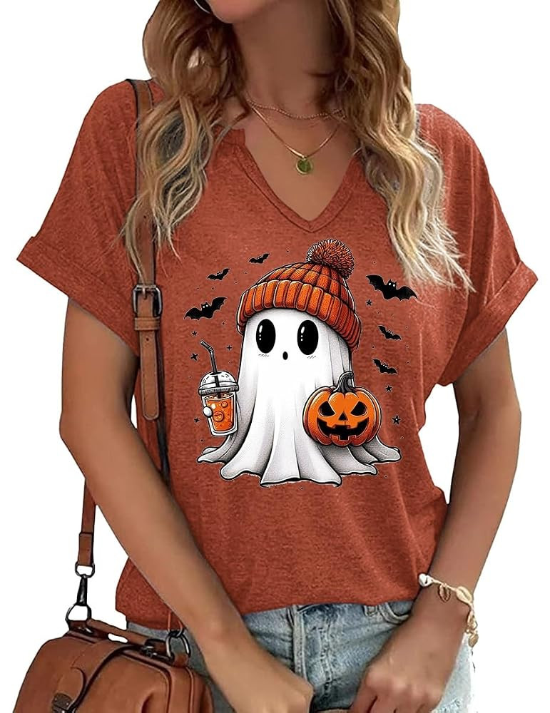 Women Fall Halloween Doodles V Neck Shirt Funny Family Party Celebration Short Sleeve Tee Pumpkin... | Amazon (US)