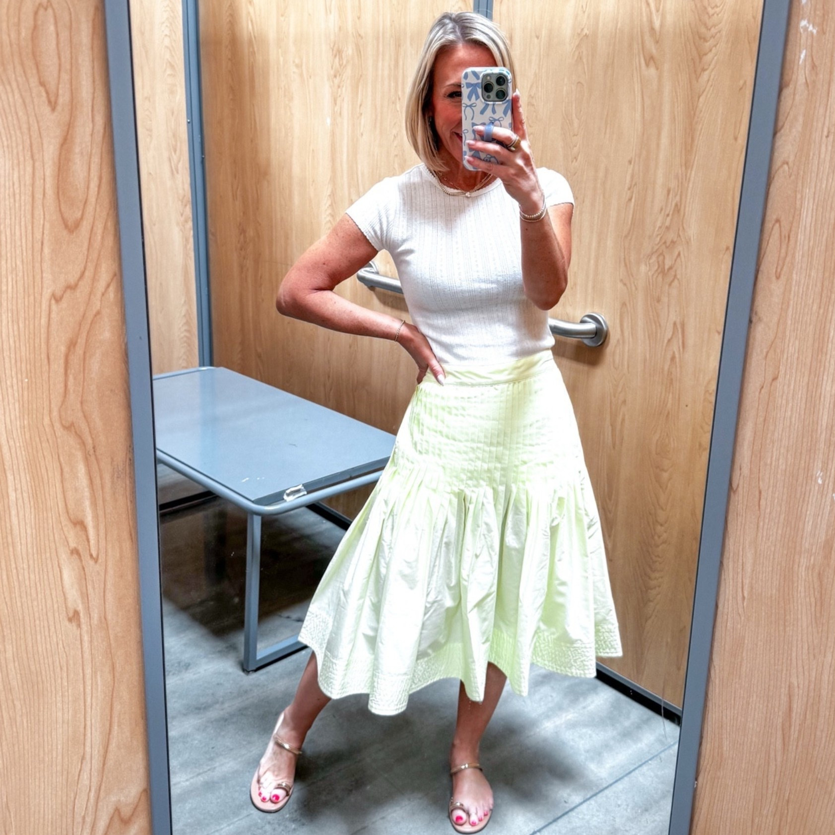 Walmart - in store try-on. Pintuck Knee Length Skirt - size XS. $28. 2 colors.  Pointelle Mini Tee w/ Short Sleeves - size XS. $12. 6 colors. 

#LTKSeasonal#LTKOver40 

 