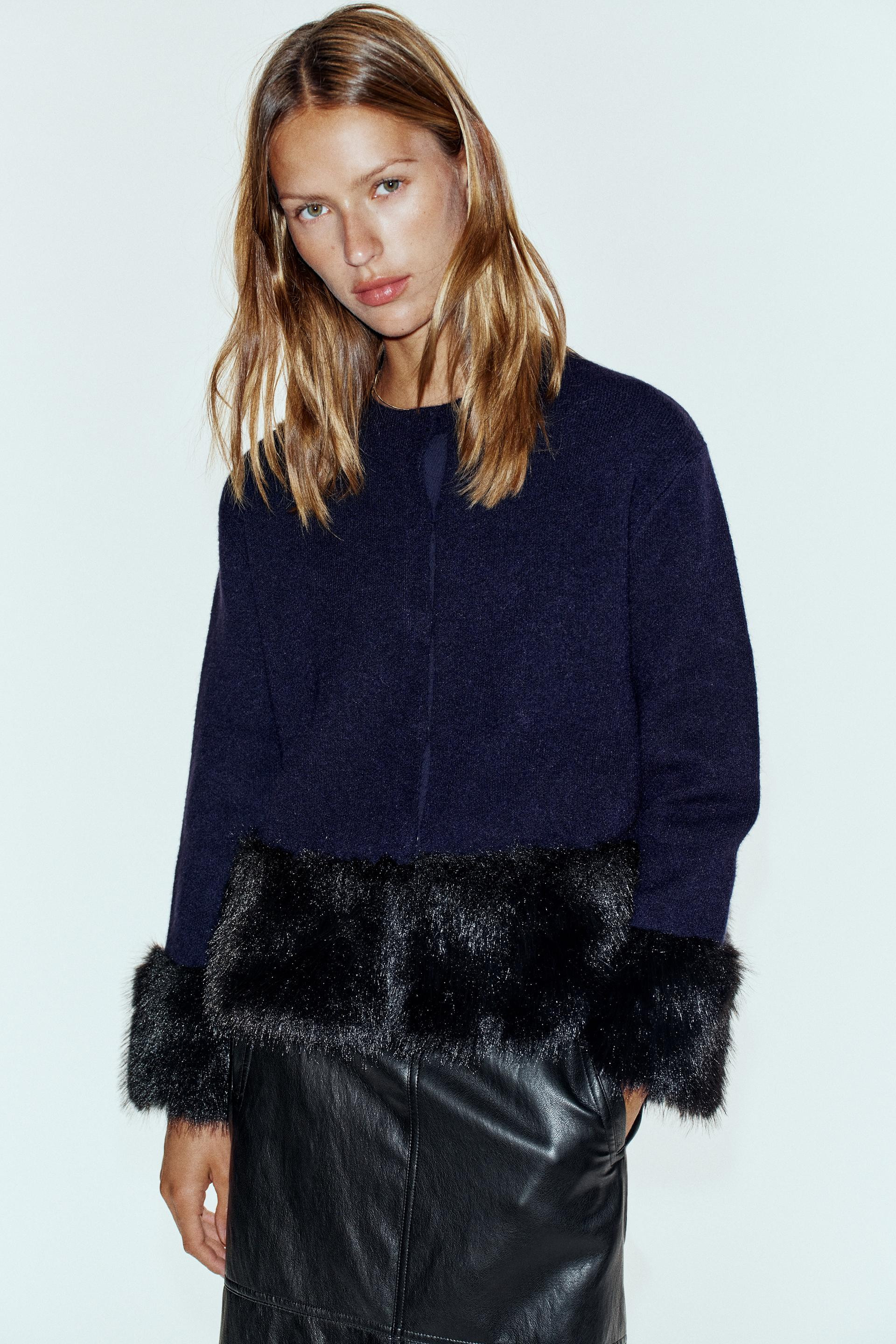 Zara - Knit Faux Fur Combined Jacket - Navy Blue - L - Woman | Zara UK