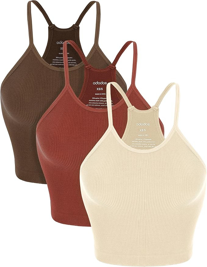 ODODOS Women's Crop 3-Pack Washed Seamless Rib-Knit Camisole Crop Tank Tops | Amazon (US)