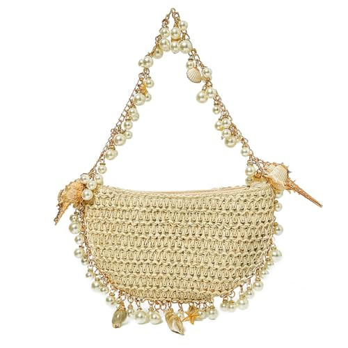 JRNDNIUO Pearl Straw Clutch Purse for Women Summer Vacation Purses Beach Evening Bag Beaded Shell Handbag | Amazon (US)