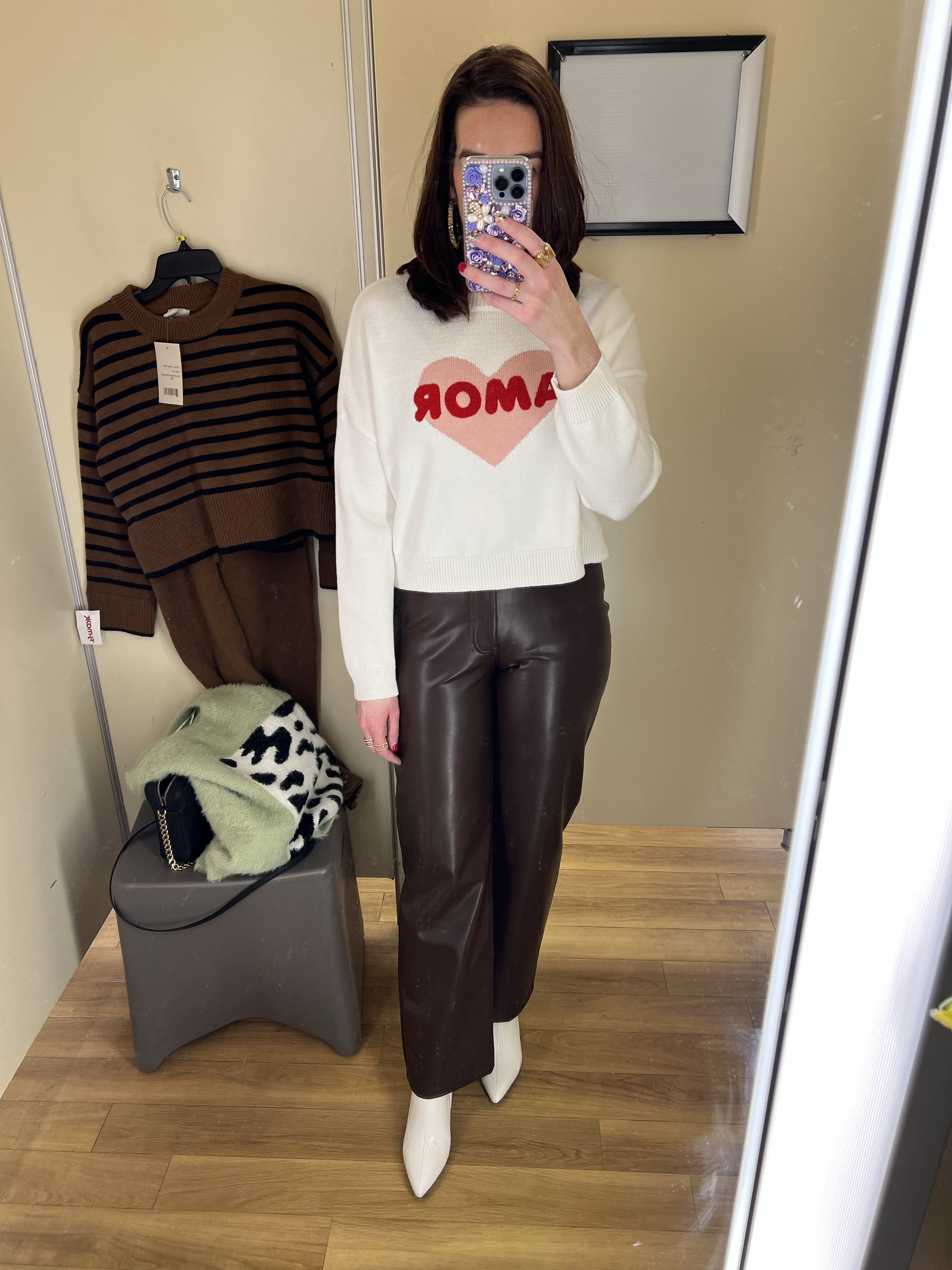 Amor heart cropped white sweater (small). Dark brown straight leg leather pants (27). White boots (8.5). #valentinesoutfit #valentinesdayoutfit #sweater #sweaters #croppedsweater #whitesweater #kissmesweater #darkbrownpants #leatherpants #pants #straightlegpants #winteroutfit Valentine’s Day Outfit 

#LTKSeasonal #LTKStyleTip #LTKFindsUnder100