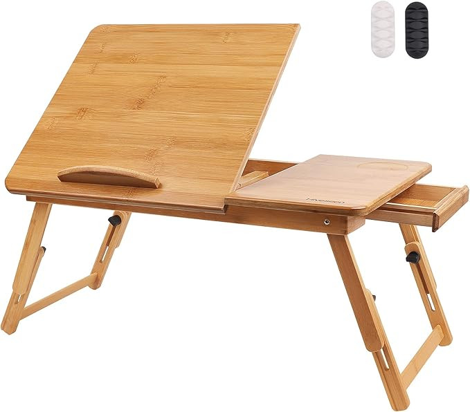 Hiveseen Bamboo Laptop Bed Desk Table Tray with Foldable Pull Down Legs and Storage Drawer, Multi... | Amazon (US)