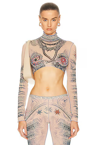 Printed Soleil Long Sleeve High Neck Cropped Top | FWRD 