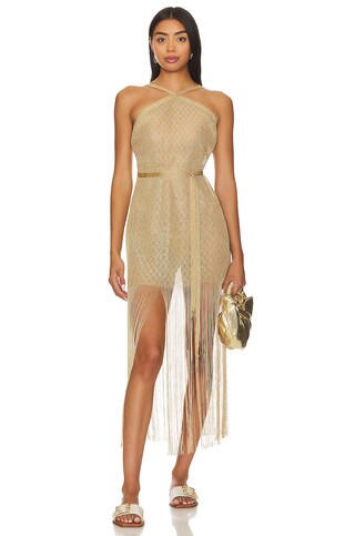 Dorada Cross Halter Long Fringe Dress in Gold Rush | Revolve Clothing (Global)