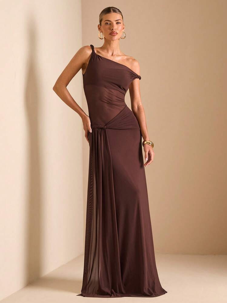 SHEIN BAE Summer Seaside Vacation Women's Oblique Shoulder Asymmetrical Mesh Twisted Ribbon Maxi Dress/Summer Dresses For Women/Easter Dress Women/Prom Dress/Summer Dress/Vacation Outfits Women/Playa/Beach Outfits For Woman/Summer Dresses | SHEIN