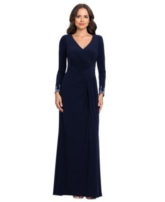 Betsy & Adam Women's V-Neck Gown with Embellished Cuff - Navy | Macy's