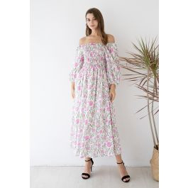 Flowery Field Off-Shoulder Shirred Midi Dress in Pink | Chicwish