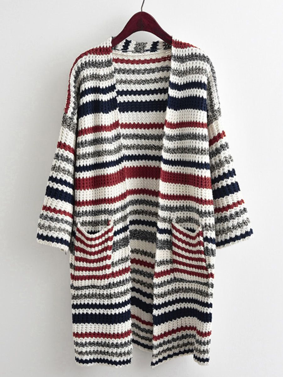 Striped Textured Knit Longline Cardigan Sweater | SHEIN