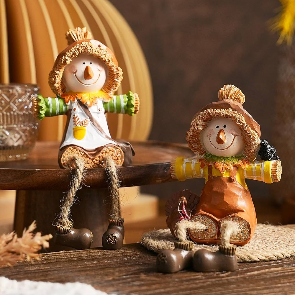 Scarecrow Fall Decor, 2Pcs Harvest Scarecrow Figurines Indoor Fall Shelf Sitters with Dangling Le... | Amazon (US)