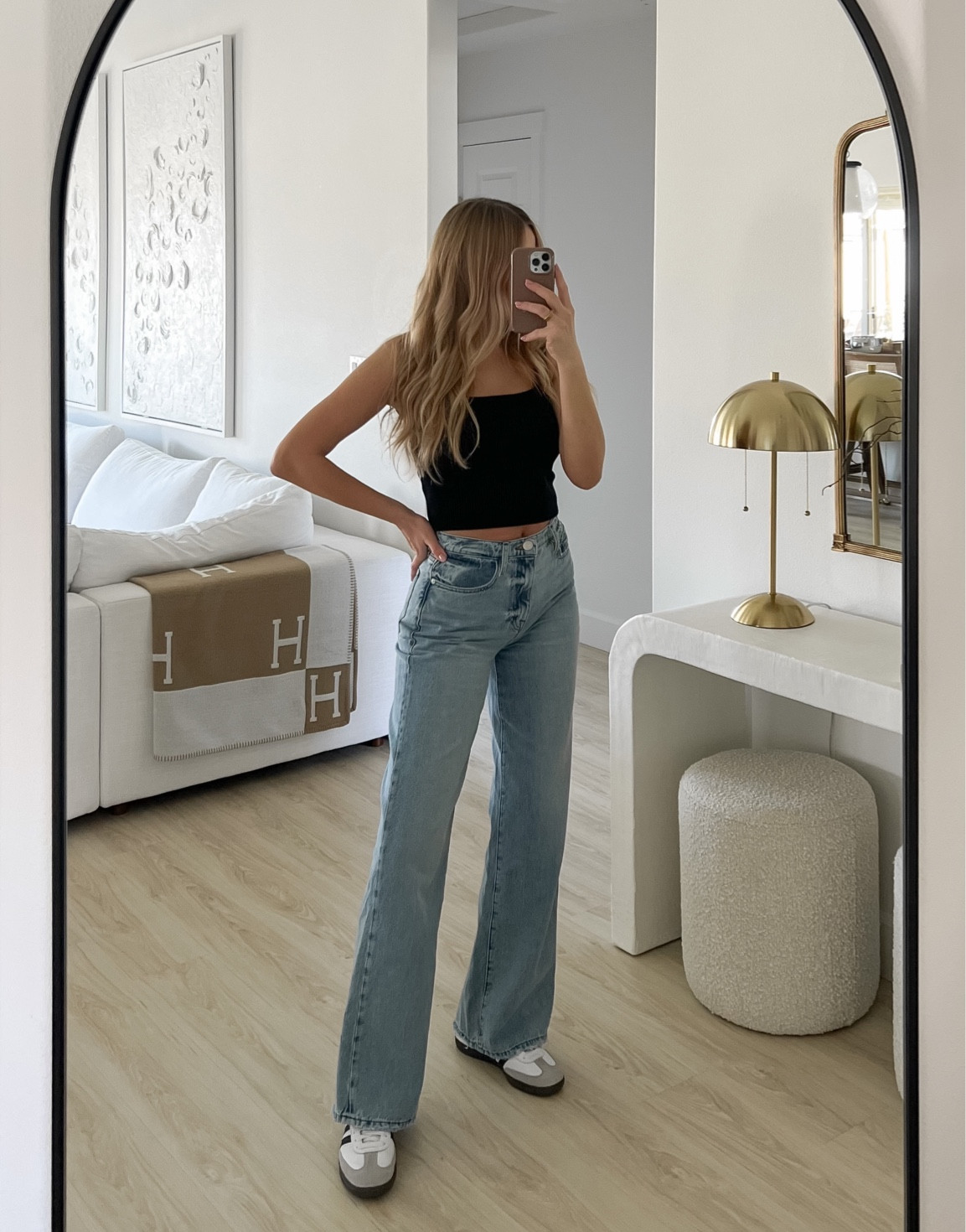 Frame denim straight wide leg jeans. Black ribbed knit top adidas sambas original 

#LTKBacktoSchool #LTKover40 #LTKSeasonal