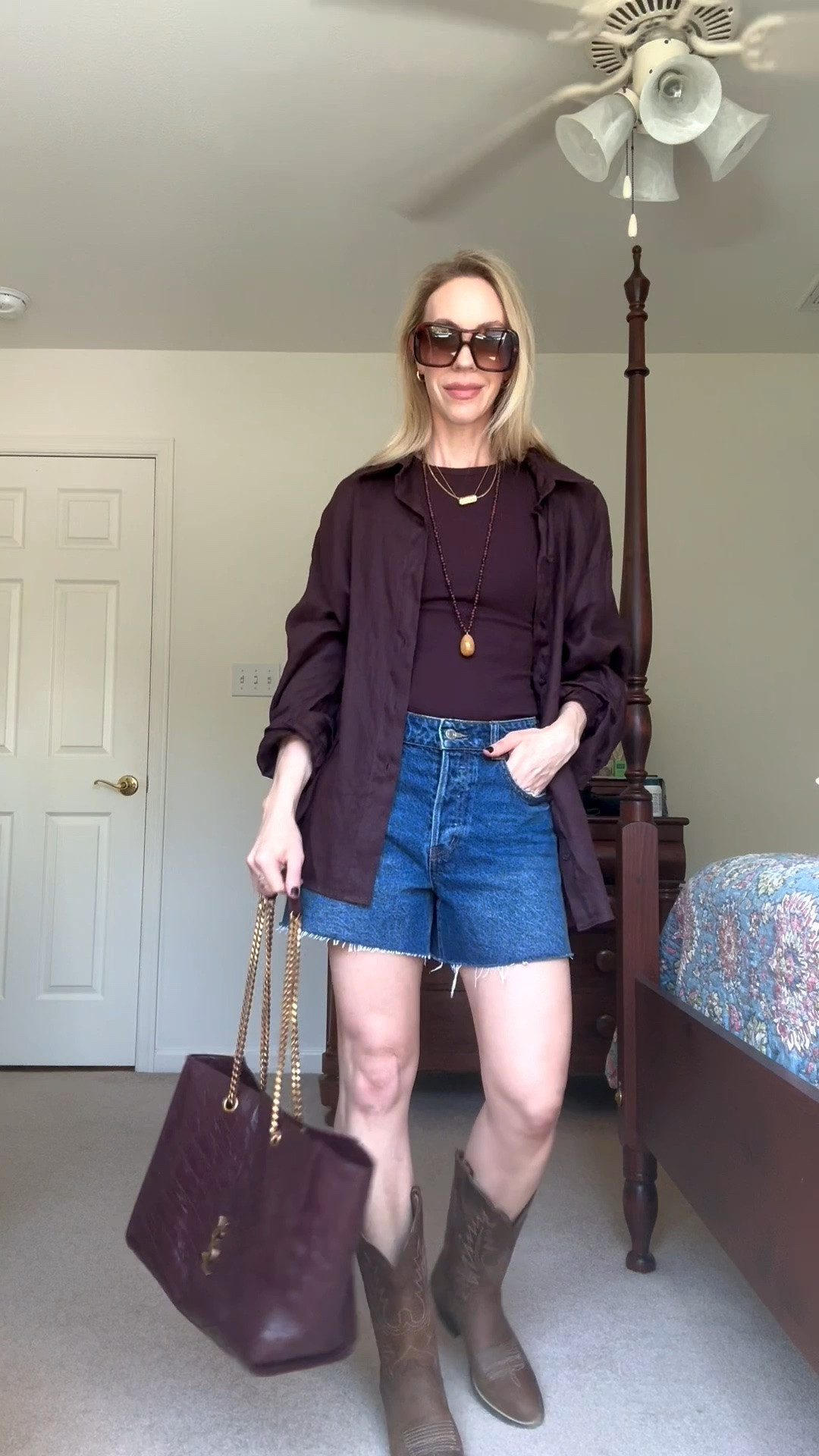 Transitional outfit, summer to fall, dark brown linen shirt with denim shorts and cowboy boots

#LTKSeasonal #LTKOver40 #LTKSaleAlert