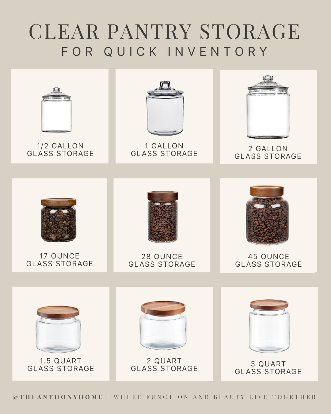 The Clear Pantry Storage System That Stops Surprises

No more guessing if you have enough flour or sugar — clear containers let you see every staple at a glance, so you can restock before you run out.

Here's your shopping cheat sheet:
11 oz (1.5 cups) Great for spices, sprinkles, small can of nuts, or loose-leaf tea.

17 oz - 28 oz (2-2.5 cups) Perfect for chocolate chips, bag of nuts, or dried fruit. Also holds coffee beans, dried beans, cocoa and small grains like rice, breadcrumbs, grits, or quinoa.

45 oz -1.5 Quart (5.5 - 6 cups) Best for cornmeal, granola, small crackers (like Goldfish), croutons, small bag of cereal, or a bag of pasta. Also works for nuts, granola, or small baking add-ins.

2-3 Quart (8-12 cups) Ideal for pancake mix, cake flour, brown sugar, or snacks like pretzels. Also, perfect for shaped pasta, rice, or granulated sugar.

1 Gallon (16 cups) Fits a small bag of flour, standard or large cereal box, or chips.

2 Gallon (32 cups) 5-pound bag of flour, 10-pound bag of sugar, and makes for great dog food storage!

This setup isn’t just pretty. It’s the easiest way to keep your pantry organized, avoid duplicate grocery runs, and skip those mid-recipe surprises.

Shop my favorite food storage containers below ⬇️ 

 #LTKHome
