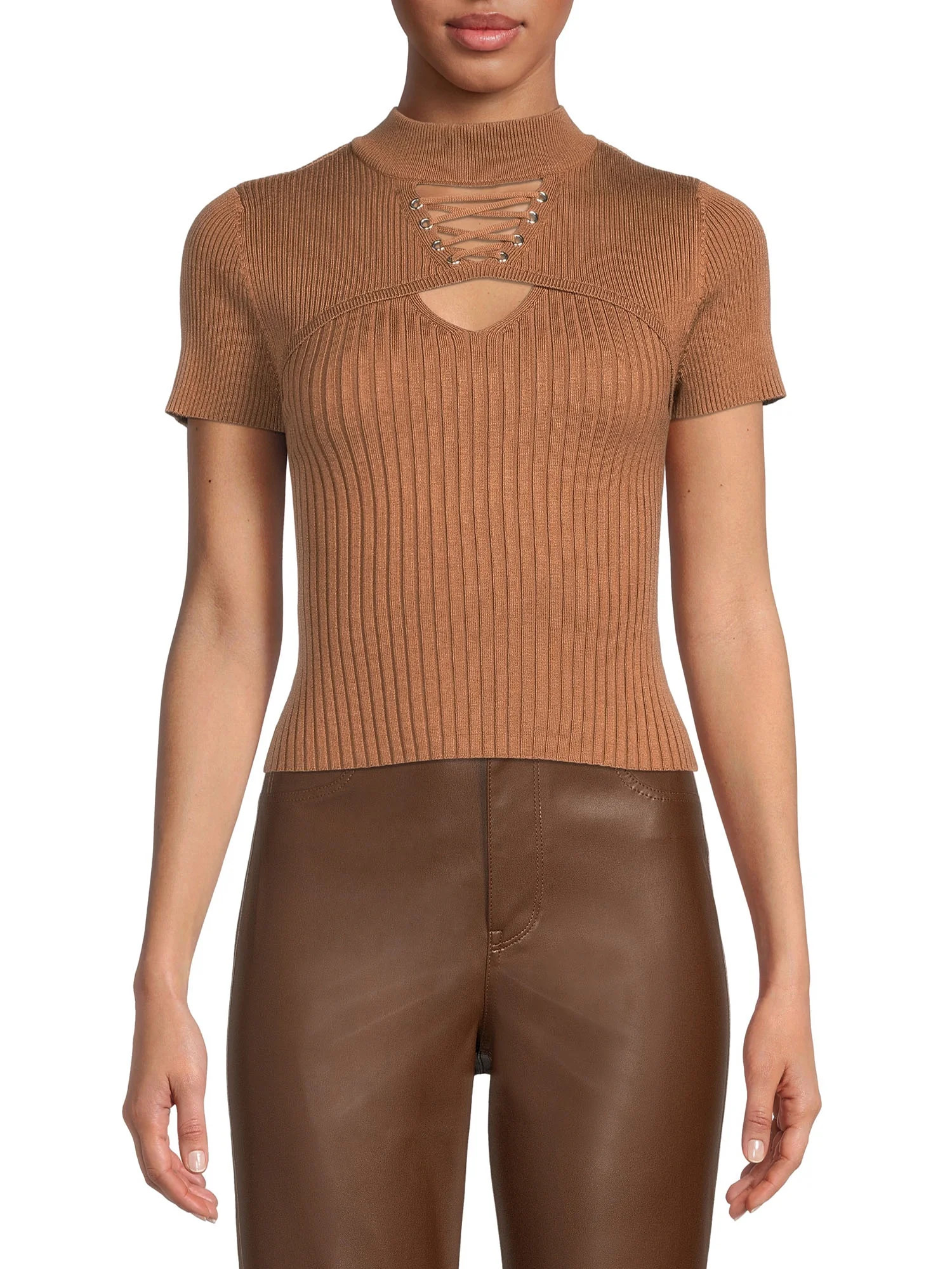 No Boundaries Juniors Knit Lace Up Top - Walmart.com | Walmart (US)