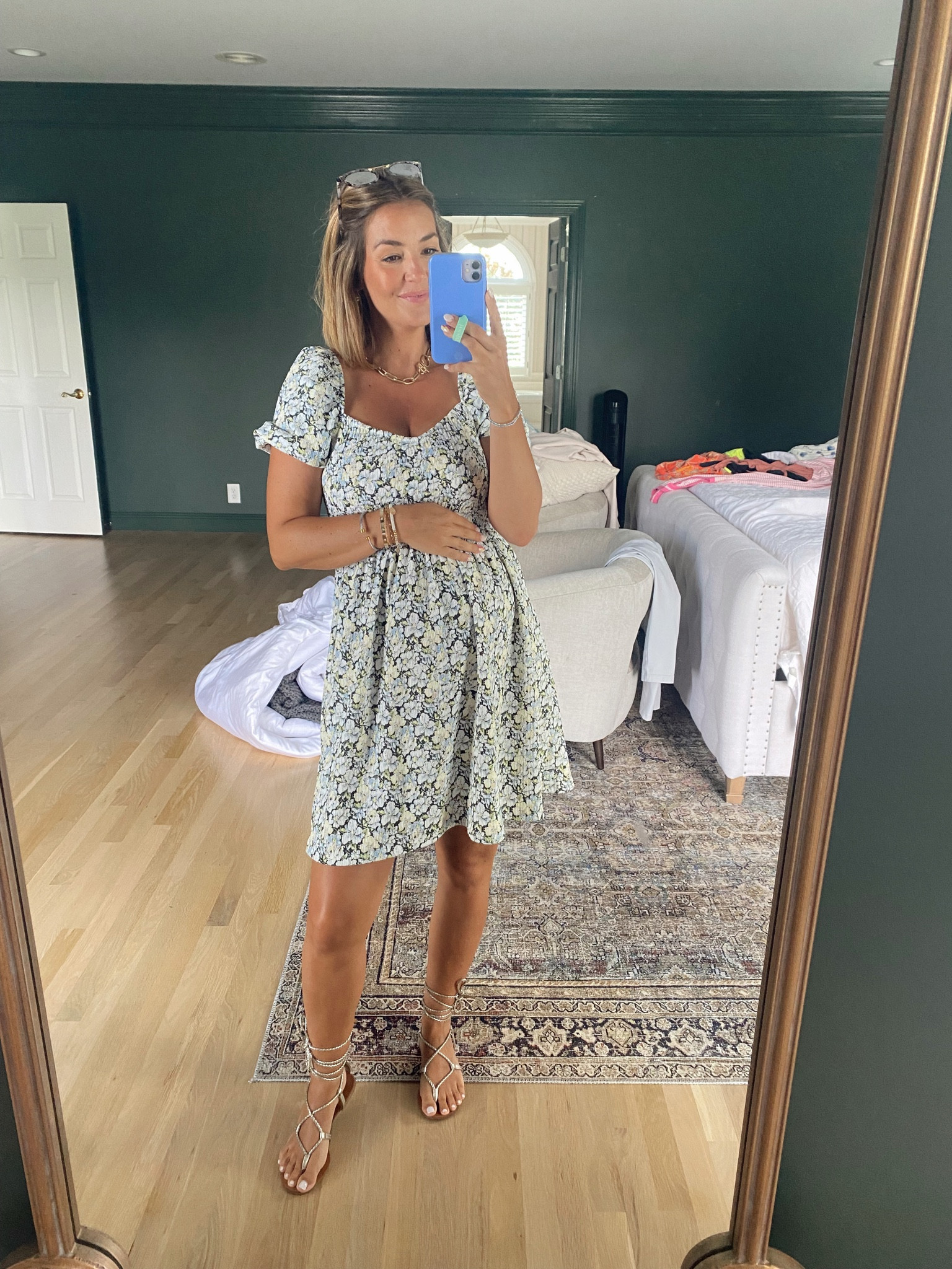 dress design knee length Flower Print Knee Length Dress With Cap Sleeves & V Neck main image 1