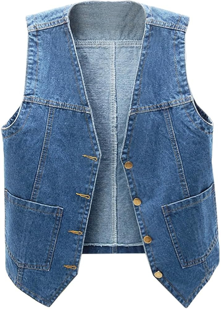 Ladyful Women's Sleeveless Denim Vest V Neck Button Down Jean Waistcoat Jacket | Amazon (US)