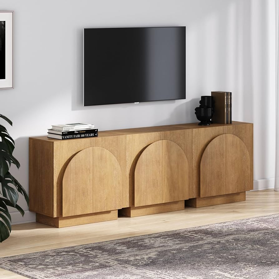 Nathan James Iris Mid-Century Modern Buffet Sideboard Wood Accent Cabinet Credenza TV Stand with Arched Cabinet Doors and Adjustable Shelves for Kitchen or Living Room, Brushed Light Brown, Set of 3 | Amazon (US)