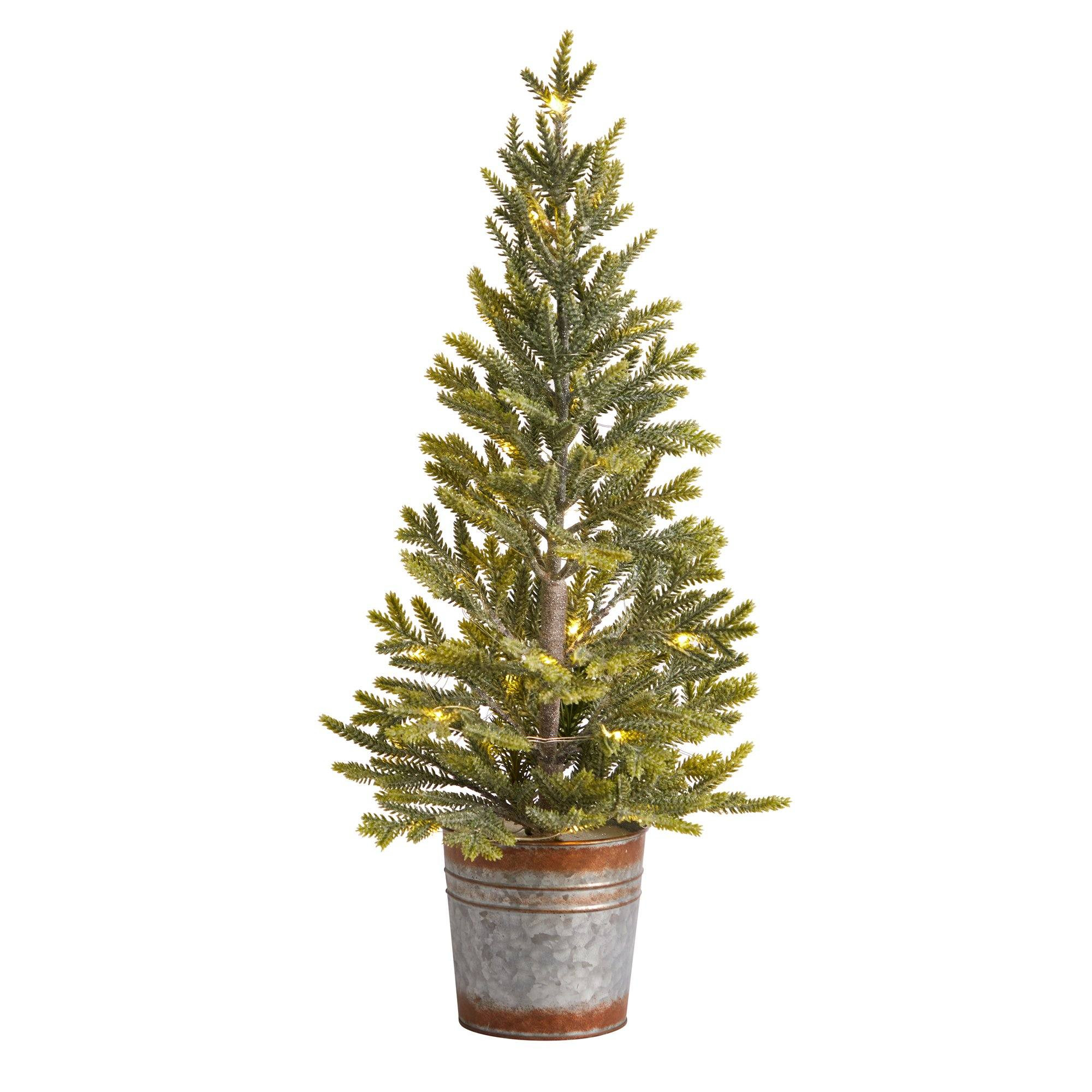 26” Pine “Natural Look” Artificial Christmas Tree with 35 Warm White Lights in Rustic Metal... | Nearly Natural