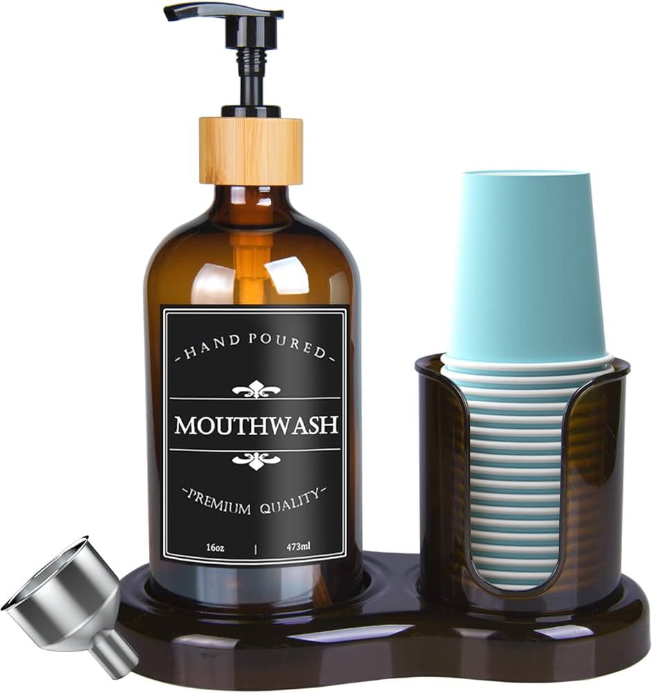 Amber Glass Mouthwash Dispenser with Cup Holder for Bathroom, 16oz Refillable Mouthwash Bottles C... | Amazon (US)