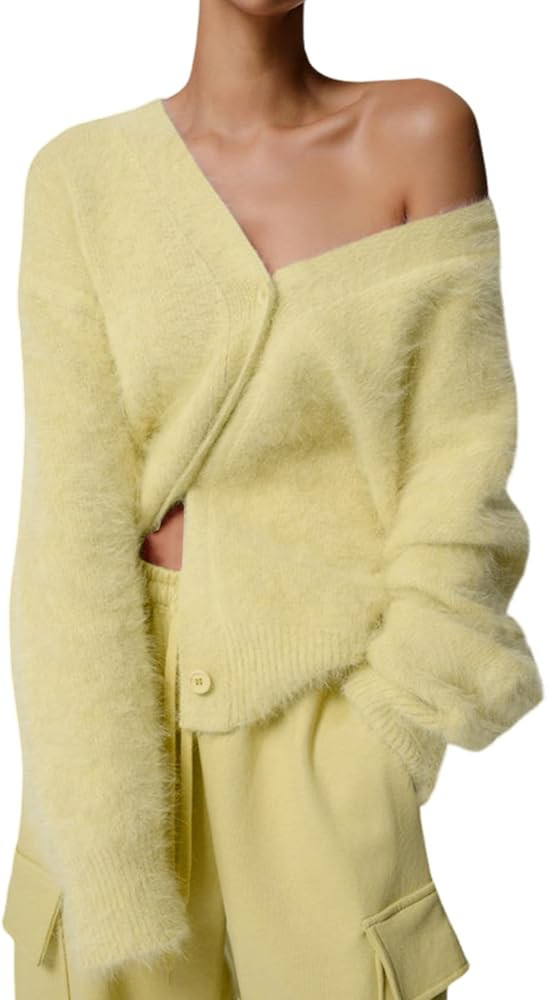 Yimoon Womens Fuzzy Cardigan Sweater V Neck Long Sleeve Button Down Slouchy Furry Knit Sweaters 2... | Amazon (US)
