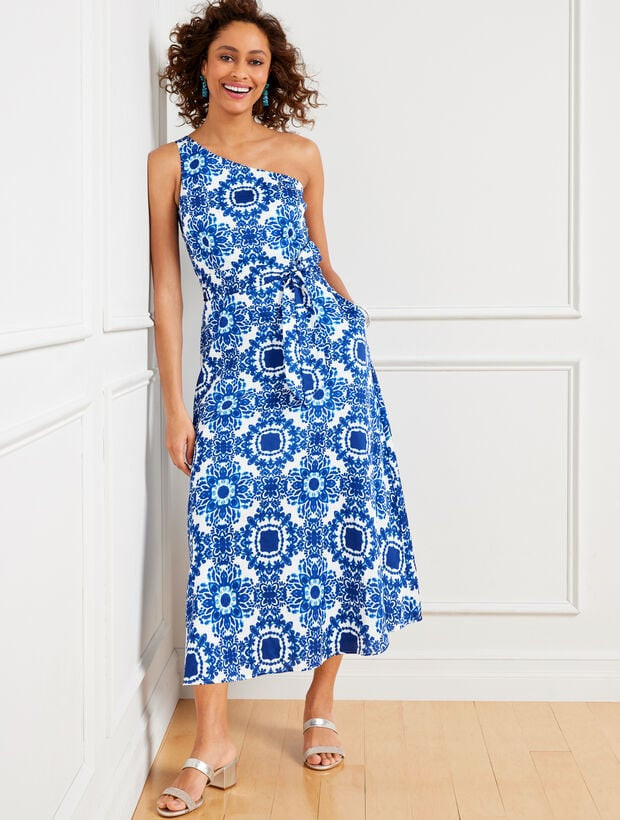 One-Shoulder Sateen Dress - Shibori Medallions | Talbots