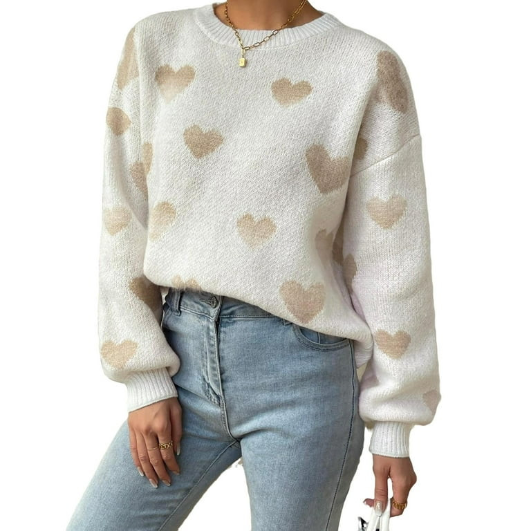 Casual Heart Round Neck Pullovers Long Sleeve Khaki Women Sweaters (Women's) | Walmart (US)