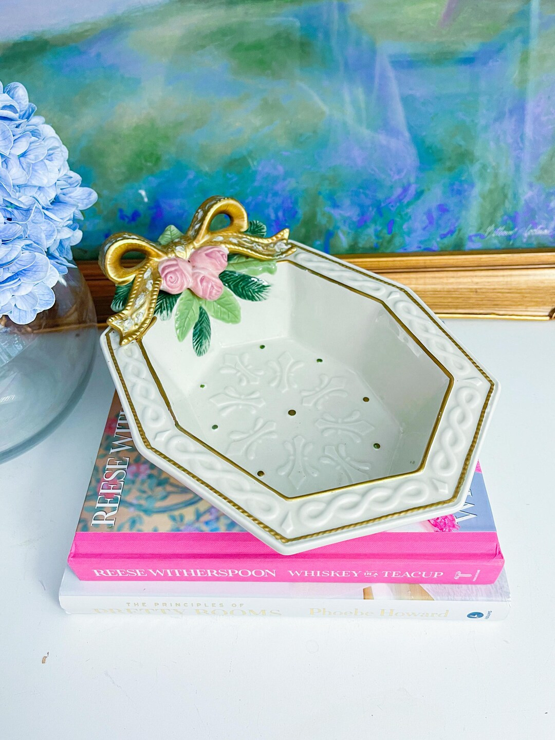 Vintage Fitz and Floyd Pink Ribbon and Floral Pinecone Bowl Chinoiserie Chic Home Decor Grandmill... | Etsy (US)