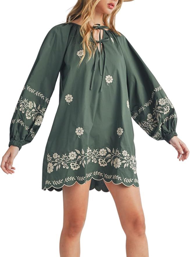 Womens Embroidered Long Sleeve Mini Dress Loose Fit Vintage Embroidery Dress with Double Neckline... | Amazon (US)