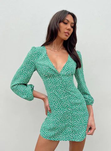 Kiata Long Sleeve Mini Dress Green / Floral | Princess Polly US