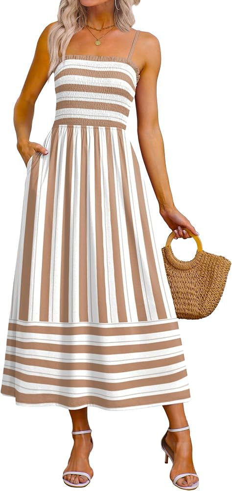 OFEEFAN Womens Spaghetti Strap Maxi Dresses Smocked with Pockets 2026 Summer Spring Casual Boho B... | Amazon (US)