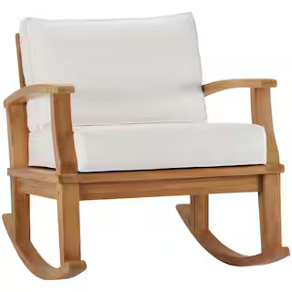Marina Natural Teak Outdoor Rocking Chair with White Cushions | The Home Depot