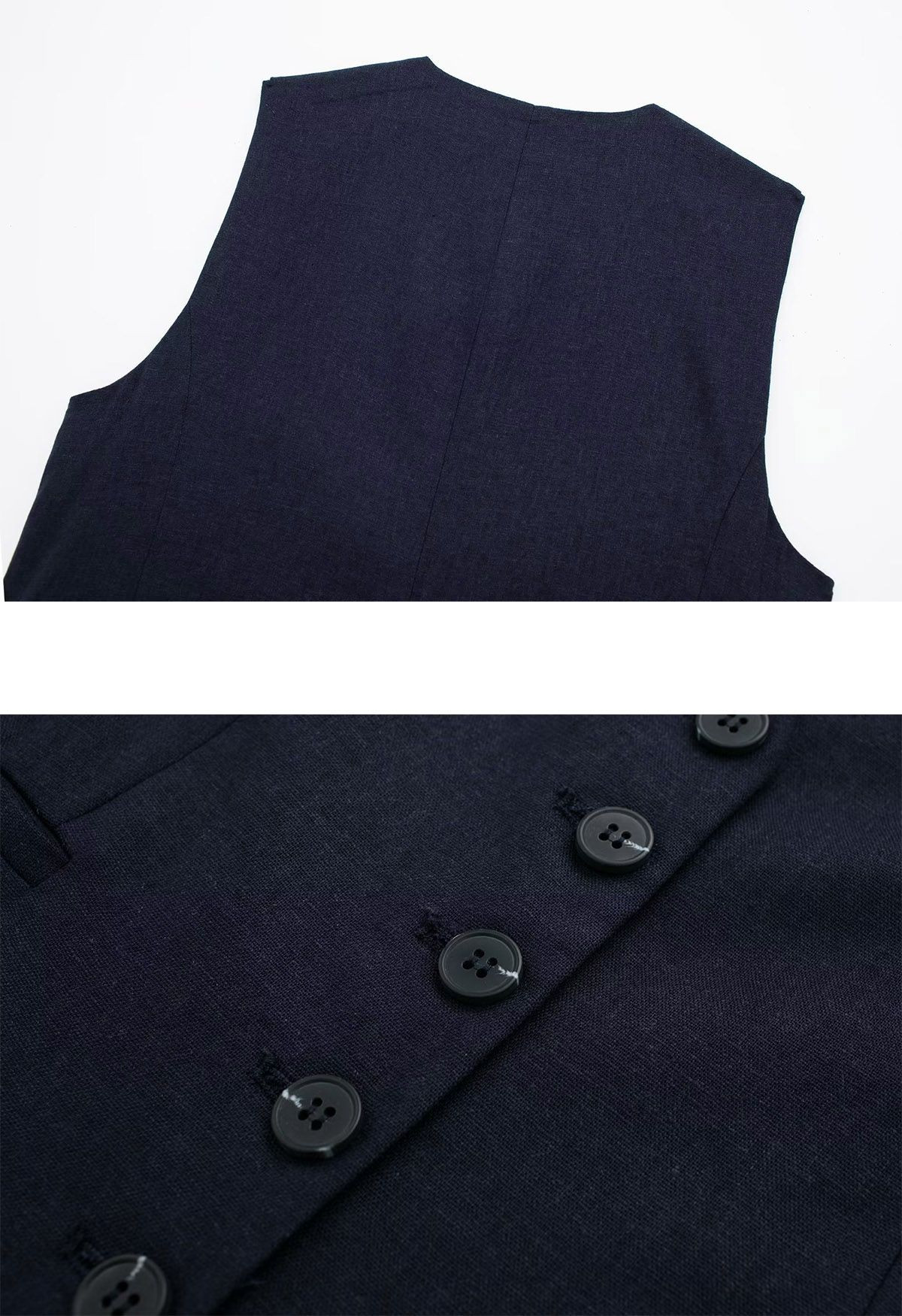 V-Neck Buttoned Down Linen-Blend Vest in Navy | Chicwish