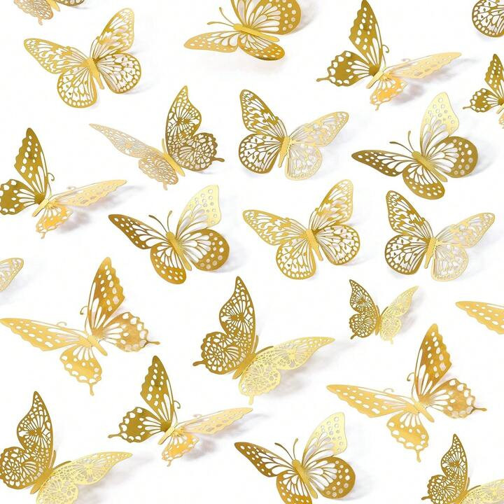 48pcs 3d Butterflies Wall Decal, 48pcs 3d Golden Butterfly Decorations For Birthday, Party, Cake,... | SHEIN