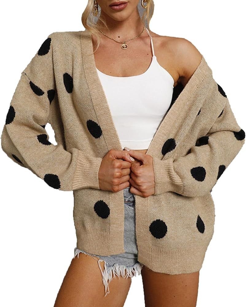 Womens Polka Dot Open Front Cardigan Long Sleeve Loose Soft Knit Sweaters Coat Casual Fall Winter... | Amazon (US)