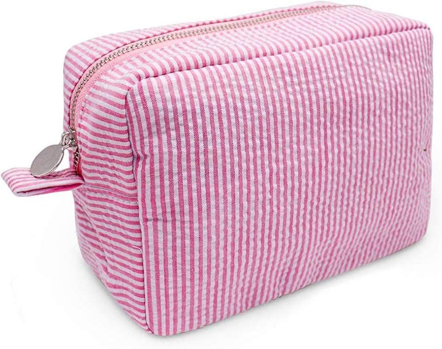 GFU Cosmetic Bag for Women, Large Makeup Bag, Travel Toiletry Stripe Cosmetic Bag, Seersucker Wom... | Amazon (US)