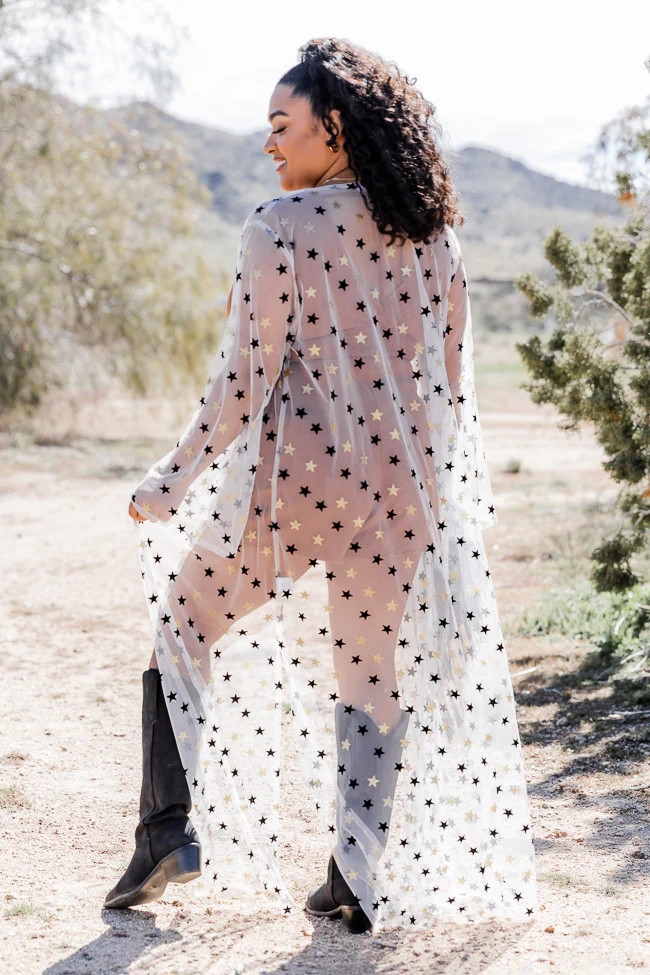 Backstage Pass Ivory Mesh Star Embellished Kimono | Pink Lily
