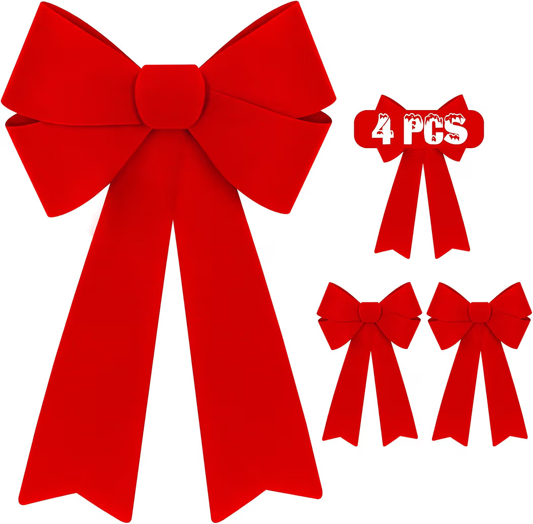4 PCS Red Bows Christmas Decorations, 12 x 18 Inches Outdoor Christmas Bows, Red Velvet PVC Hangi... | Amazon (US)