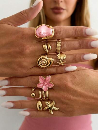 10pcs Bohemian Vacation Style Oil Drop Flower & Starfish Ring Set, Sweet & Cool Girl Ins Alloy Flower Ocean Stackable Rings, Exquisite Jewelry For Holiday Gifts, Beach Vacation, Birthday Presents - Size one-size | SHEIN