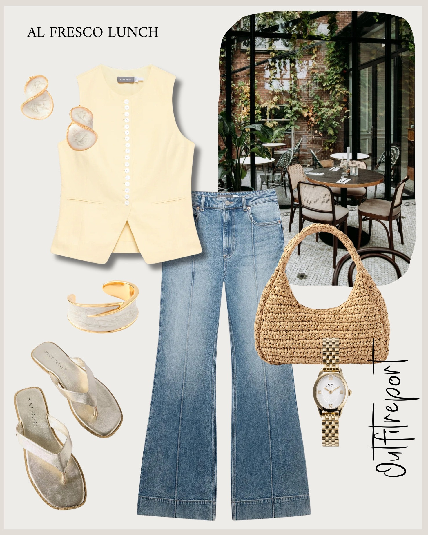 Flare jeans butter yellow vest top lunch outfit 

#LTKstyletip #LTKsummer #LTKspring