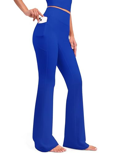 YUNOGA Flare Leggings for Women with Pockets 32" Inseam High Waisted No Front Seam Buttery Soft Gym Yoga Pants (L, Royal Blue) | Amazon (US)