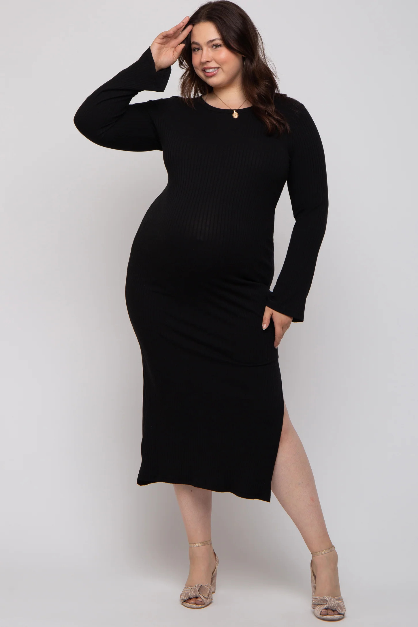 Black Ribbed Side Slit Maternity Plus Maxi Dress | PinkBlush Maternity
