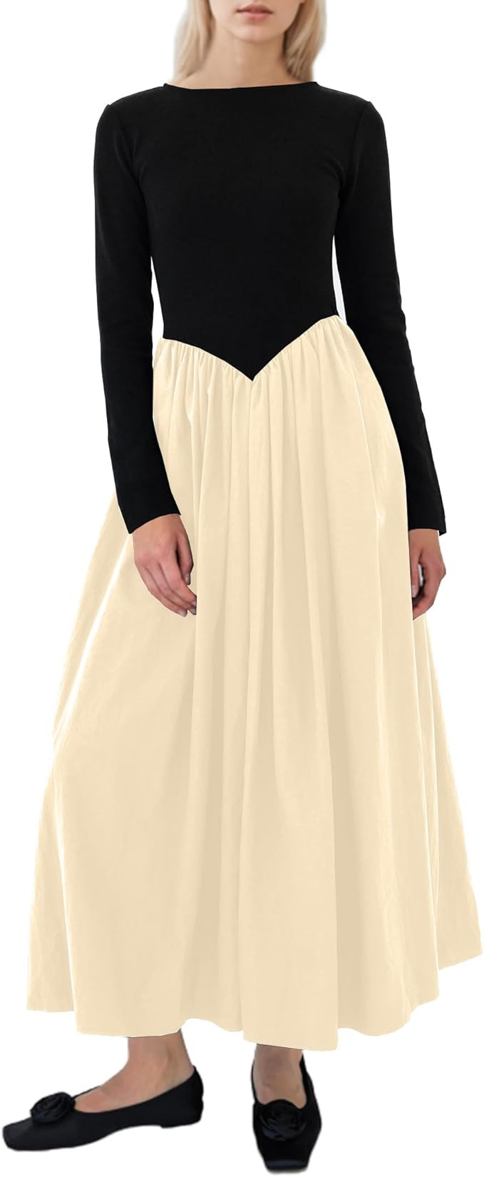 Women Boat Neck Long Sleeve Maxi Dresses Slim Fit Drop-Waist Patchwork Dress Flowy Swing Fall Lon... | Amazon (US)