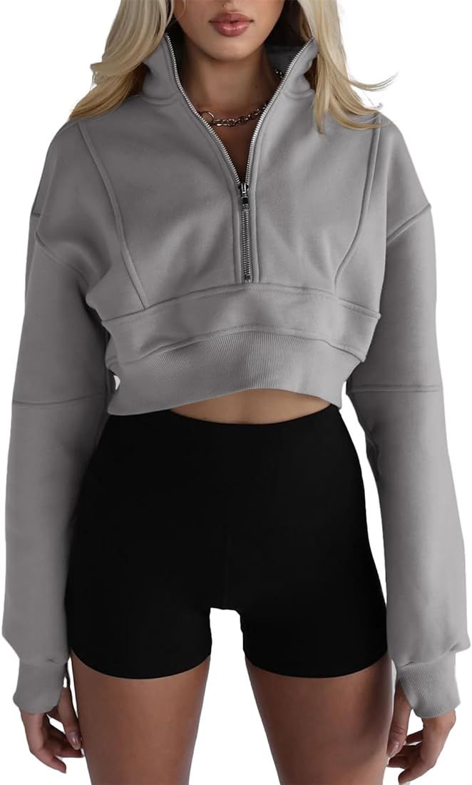 Fisoew Women's Half Zipper Cropped Sweatshirts Casual Long Sleeve Tops With Thumb Hole | Amazon (US)