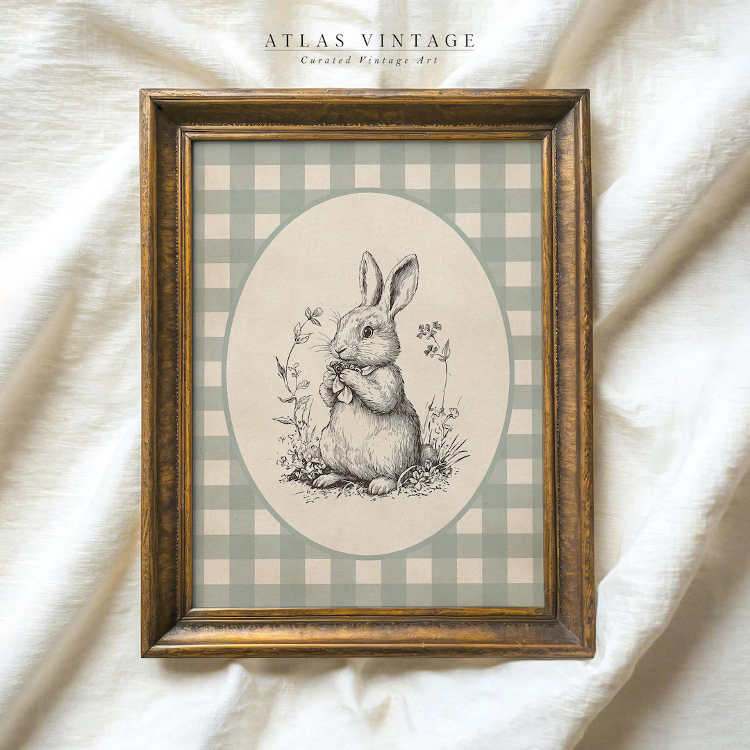 Vintage Easter Bunny Sketch Print, Rabbit Drawing Printable Wall Art, Neutral Woodland Nursery De... | Etsy (US)