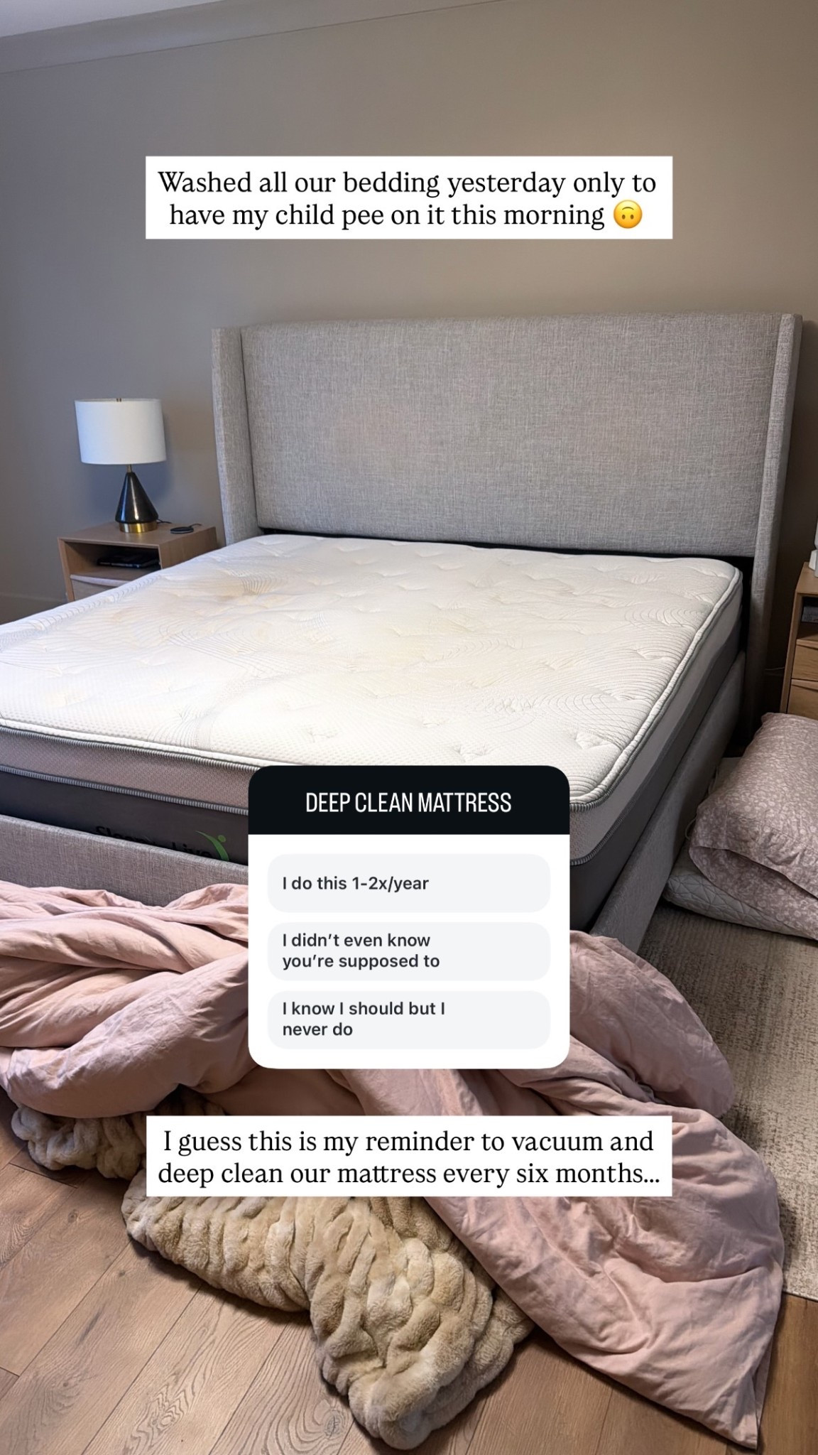 Washed all our bedding yesterday only to have my child pee on it this morning 🙃 I guess this is my reminder to vacuum and deep clean our mattress every six months..…