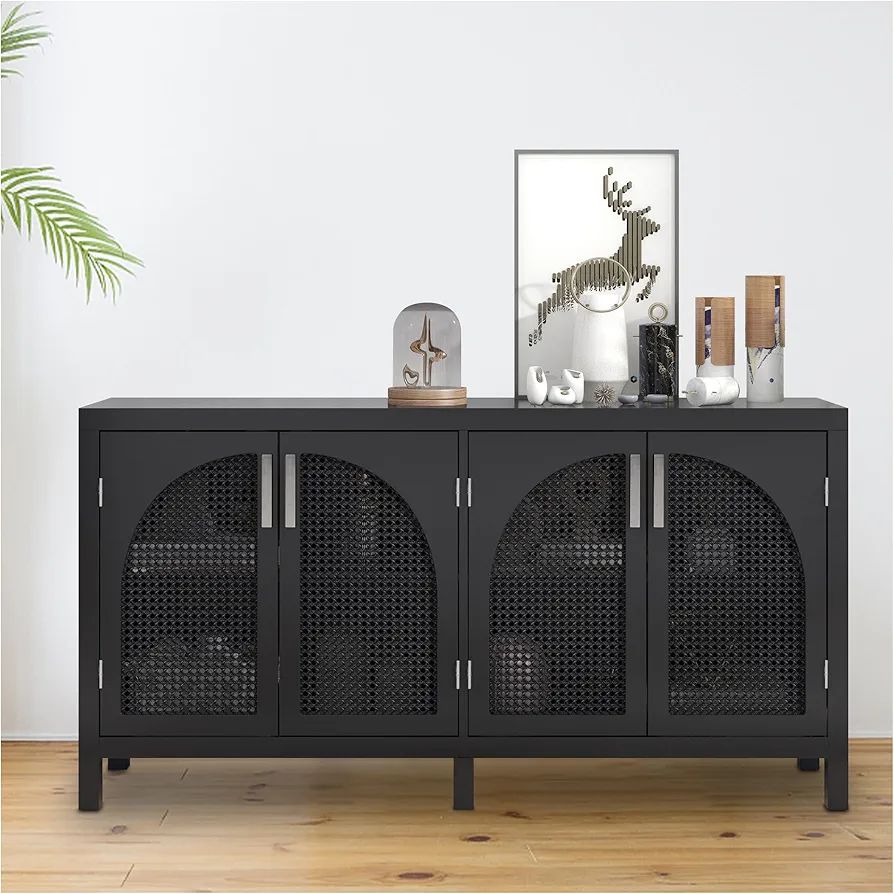 Black Buffet Sideboard Cabinet with Storage, Kitchen Rattan Storage Cabinet with 4 Doors, Large S... | Amazon (US)